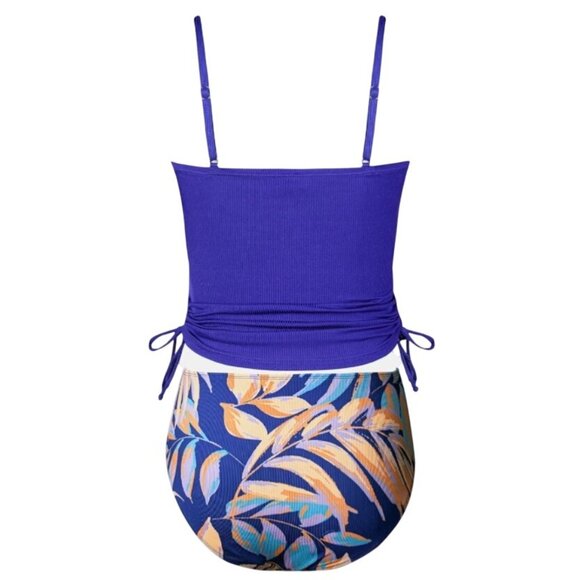 CUPSHE Women 2 Piece Swimsuit XS Purple Ribbed Floral Tankini Top High Waist - Picture 5 of 9